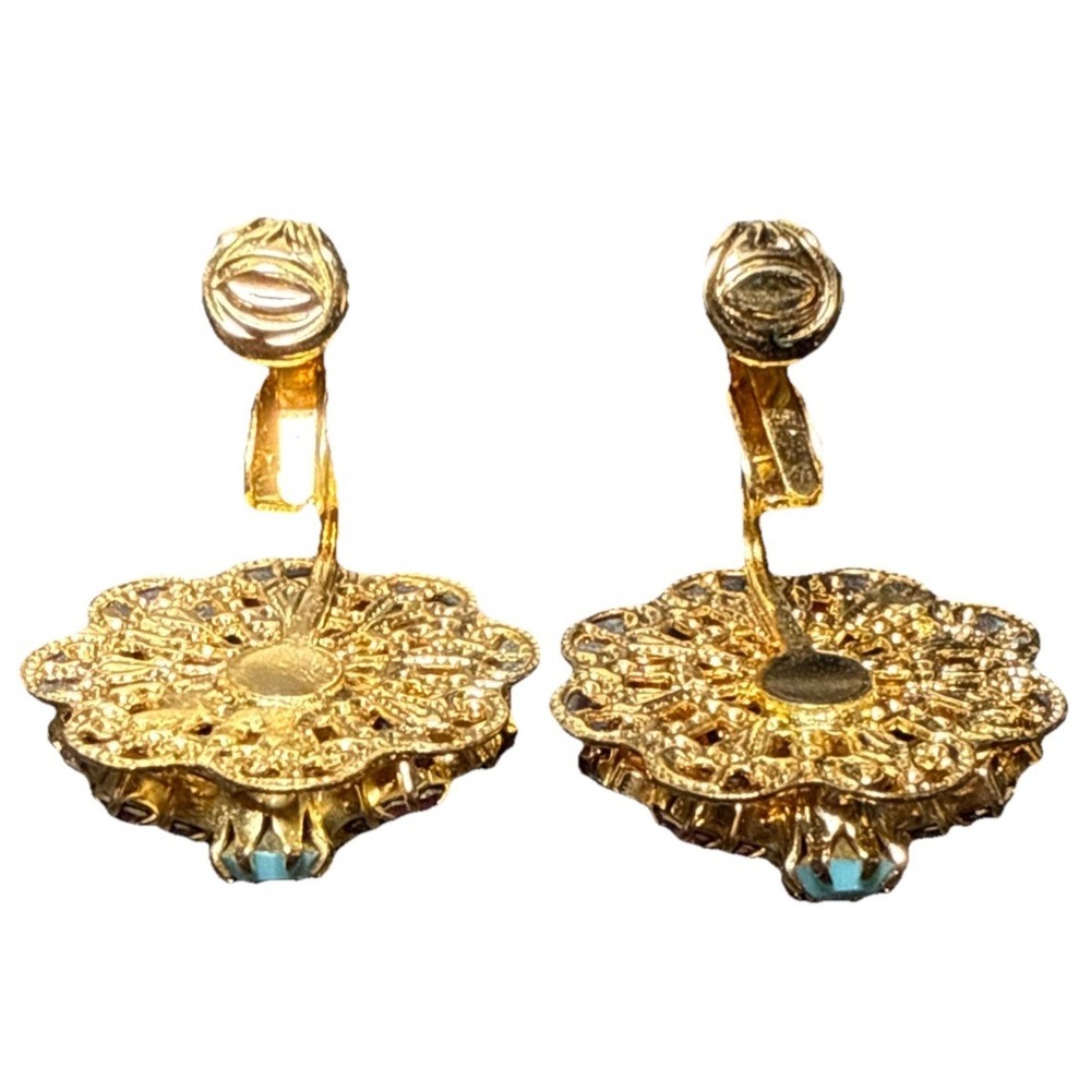 Vintage Hattie Carnegie Intricate Blue & Pink Gold Tone Clip-On Earrings J18-45 - Picture 3 of 3